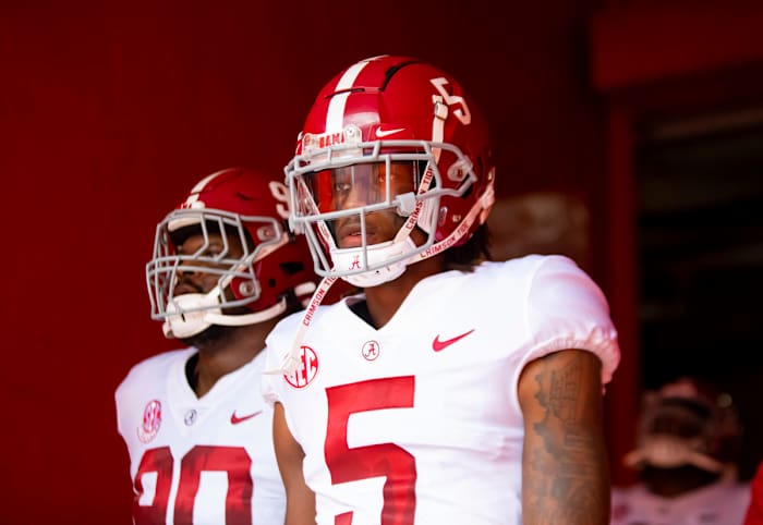 Gainesville, Florida, USA; Alabama Crimson Tide defensive back Jalyn Armour-Davis (5) against the Florida Gators at Ben Hill Griffin Stadium